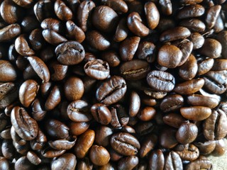 Coffee beans placed on a wooden background.