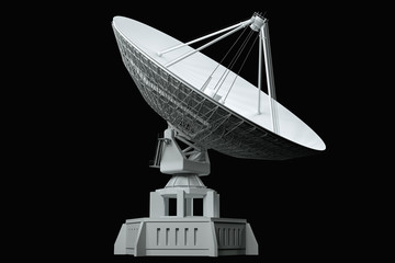 White radio telescope, large satellite dish, radar isolated on a black background. Technology...