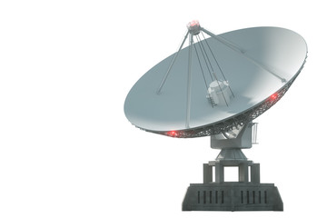 White radio telescope, a large satellite dish isolated on a white background. Technology concept, search for extraterrestrial life, wiretap of space. 3D rendering, 3D visualization, 3D illustration.
