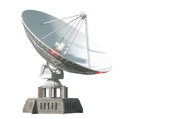 White radio telescope, a large satellite dish isolated on a white background. Technology concept, search for extraterrestrial life, wiretap of space. 3D rendering, 3D visualization, 3D illustration.
