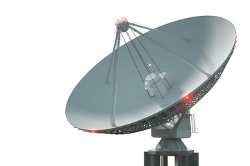 White radio telescope, a large satellite dish isolated on a white background. Technology concept, search for extraterrestrial life, wiretap of space. 3D rendering, 3D visualization, 3D illustration.