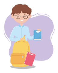 education online, teacher with books backpack and pencil