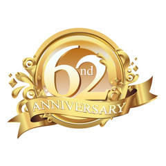62nd years golden anniversary logo celebration with ring and ribbon