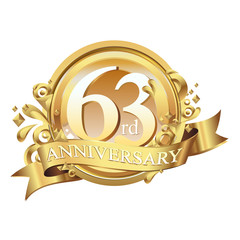 63 years golden anniversary logo celebration with ring and ribbon