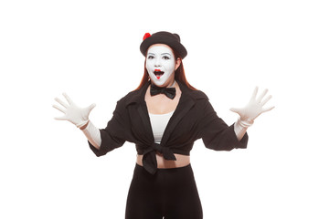 Portrait of a female mime artist performing, isolated on white background. Symbol of joy, surprise,...