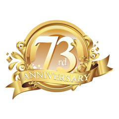 73 years golden anniversary logo celebration with ring and ribbon