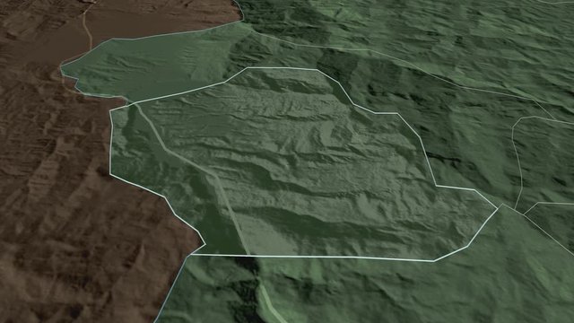 Centar Župa, municipality with its capital, zoomed and extruded on the administrative map of Macedonia in the conformal Stereographic projection. Animation 3D