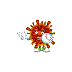 cartoon character style of cheerful deadly coronvirus with clock