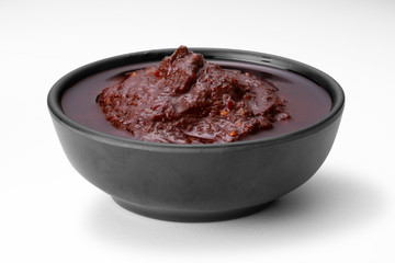 Chinese chili called Mala , paste, sauce , dried seed with dried red chili ,ingredient for Mala grilled street food ,isolated on white background
