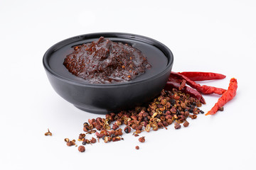 Chinese chili called Mala , paste, sauce , dried seed with dried red chili ,ingredient for Mala grilled street food ,isolated on white background
