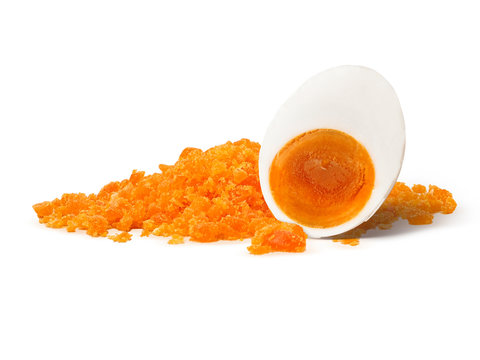 Salted egg yolk powder with salted eggs. Yummy and look delicious. isolated on white background