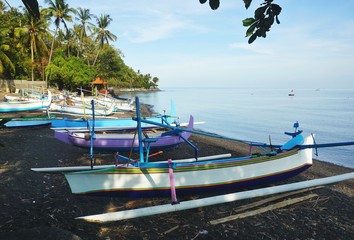 Colorful traditional outrigger fishing boats on a rocky beach with tropical palm trees to one side with blue sky above in Bali Indonesia