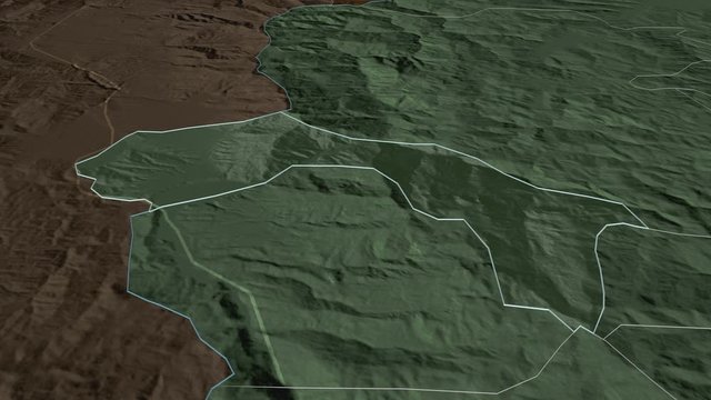 Debar, municipality with its capital, zoomed and extruded on the administrative map of Macedonia in the conformal Stereographic projection. Animation 3D