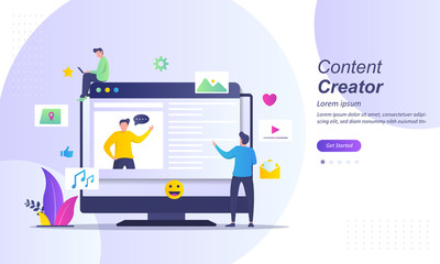 Fototapeta na wymiar Content Creator concept, sharing content via video and make money, internet content creating, blogging, Suitable for web landing page, ui, mobile app, banner template. Vector Illustration