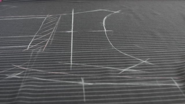 Designing clothes, applying a template to a textile fabric, preparing for cutting and sewing. A tailor draws a line with chalk on a textile cloth with professional scissors and a ruler,
