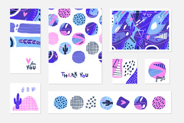 Abstract backgrounds for cards, bookmarks, invitations and covers. Modern hand drawn elements in collage style. Vector illustration