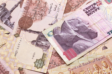 A close up image of an Egyptian ten pound bank note with Egyptian one pound bank notes in macro