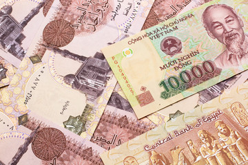 A close up image of a Vietnamese ten thousand dong bank note on a background of Egyptian one pound bank notes in macro