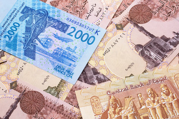 A close up image of a blue, two thousand, West African franc bank note in macro on a background of Egyptian one pound bills