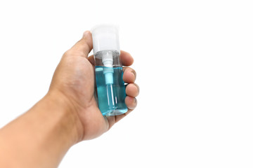 gel alcohol in Hand On a white background or spray alcohol anti bacteria to prevent spread of germs, bacteria and virus. and avoid infections corona virus. Hygiene concept. antibacterial gel sanitizer