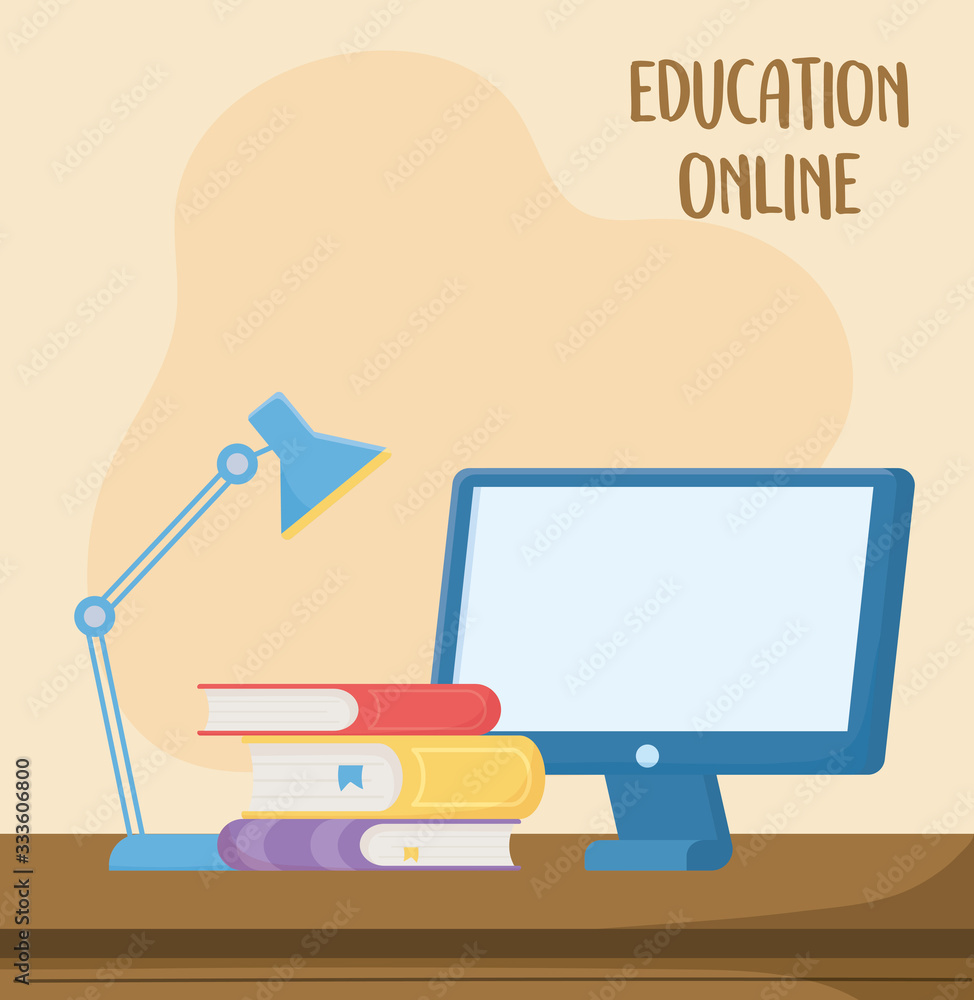 Poster online education, computer books and desk lamp study