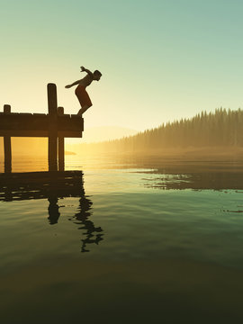 jumping into the lake