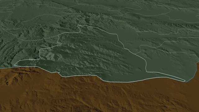 Gevgelija, municipality with its capital, zoomed and extruded on the administrative map of Macedonia in the conformal Stereographic projection. Animation 3D
