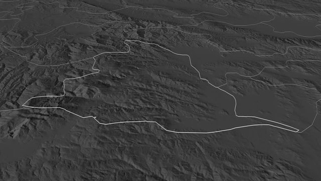 Gevgelija, municipality with its capital, zoomed and extruded on the bilevel map of Macedonia in the conformal Stereographic projection. Animation 3D