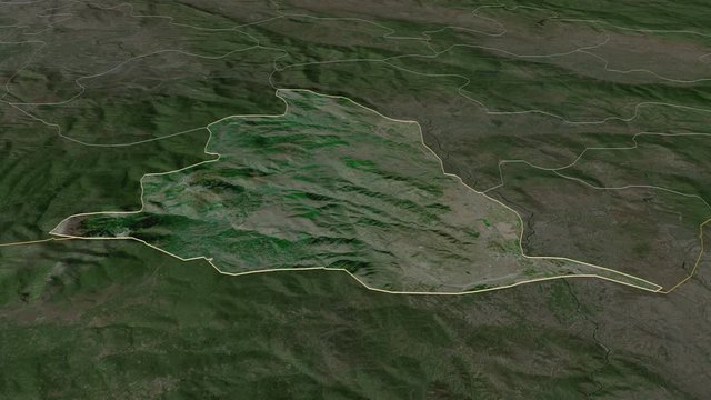 Gevgelija, municipality with its capital, zoomed and extruded on the satellite map of Macedonia in the conformal Stereographic projection. Animation 3D