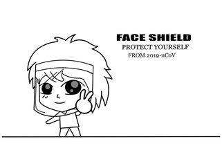 outline cartoon wearing face shield for Coronavirus (COVID-19) preventions,healthy care concept