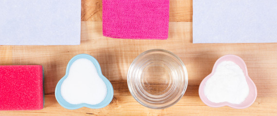 Accessories and natural detergents for cleaning surfaces and rooms at home, household duties concept