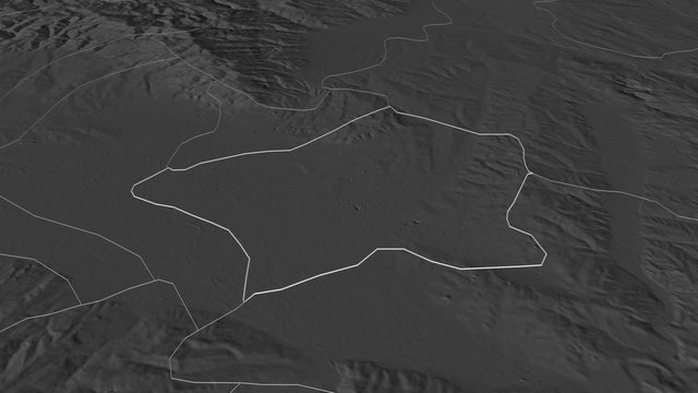 Ilinden, municipality with its capital, zoomed and extruded on the bilevel map of Macedonia in the conformal Stereographic projection. Animation 3D