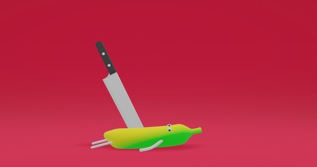Banana life illustration impaled by knife. 3D fruit miniature in pink background
