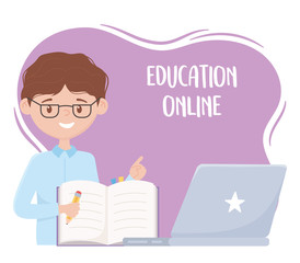 online education, teacher with notebook pencil and laptop