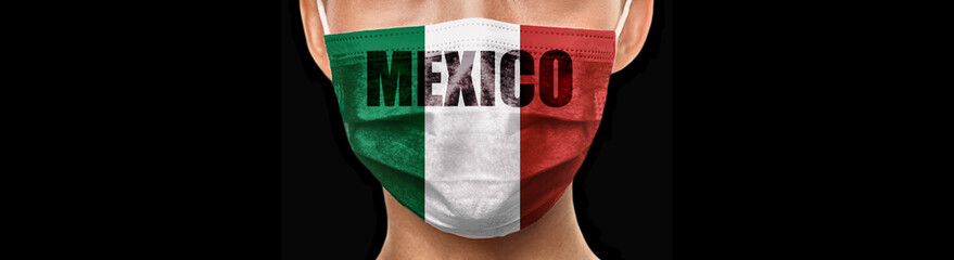Mexico flag Coronavirus design on mask doctor wearing preventive COVID-19 protection with text panoramic banner black background.
