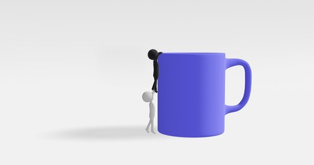 People miniature with white and black color illustration help to climb a blue cup for looking water. 3D illustration in white background