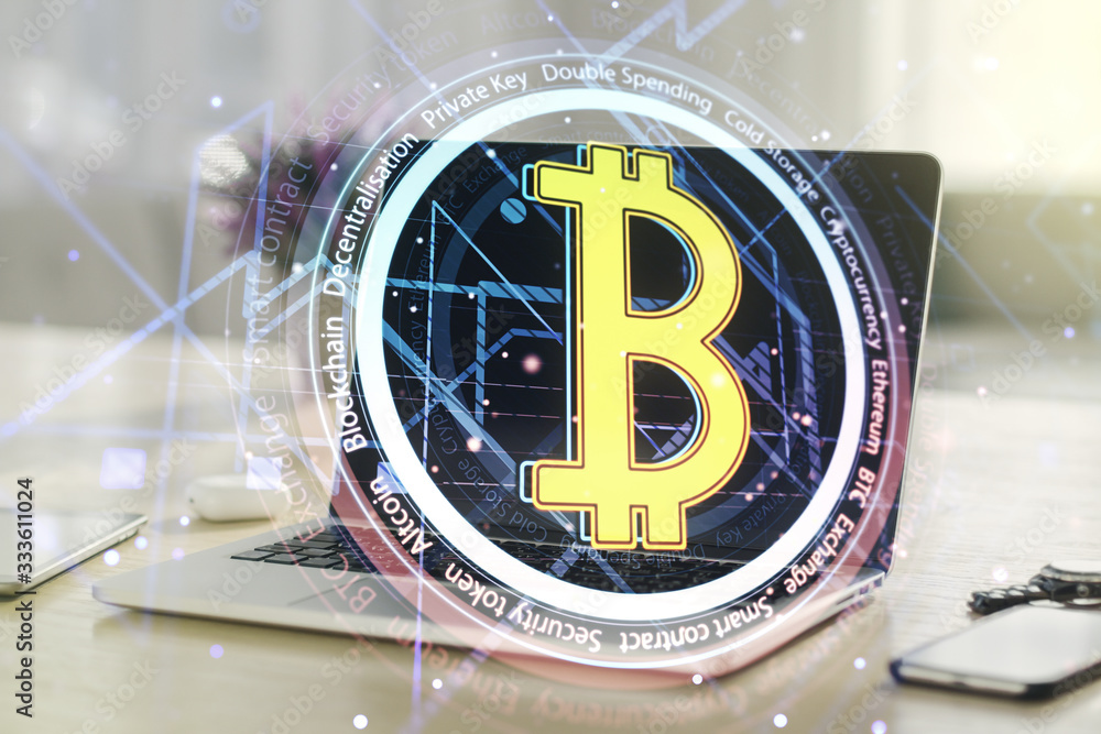 Poster double exposure of creative bitcoin symbol hologram with computer on background. mining and blockcha
