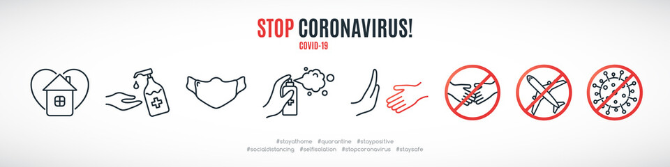Simple line signs to prevent the spread of Coronavirus. Set of prohibition and warning icons. Wear mask and wash hands. COVID-19. Healthcare and medicine concept vector illustration.