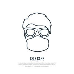 Linear icon of a man in a medical mask. Warning sign recommend  to use of protective face mask. Prevent Coronavirus outbreak. Vector illustration.