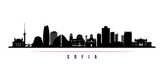 Sofia city skyline horizontal banner. Black and white silhouette of Sofia, Bulgaria. Vector template for your design. - obrazy, fototapety, plakaty
