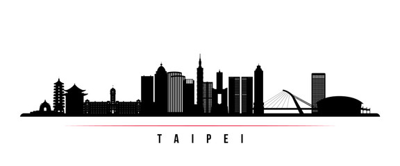 Naklejka premium Baner poziomy panoramę miasta Tajpej. Czarno-biała sylwetka Tajpej, Tajwan. Szablon wektor dla swojego projektu.