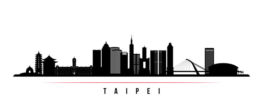 Taipei city skyline horizontal banner. Black and white silhouette of Taipei, Taiwan. Vector template for your design.