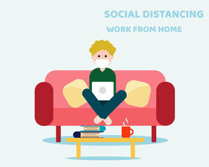 COVID-19 CRISIS: Work from home, Social Distancing concept. Young man is meeting with his companions by video conference at his home. Cartoon vector style for your design.