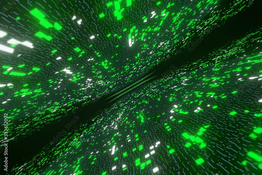 Poster green futuristic stream data communication flying into digital technologic 3d rendering