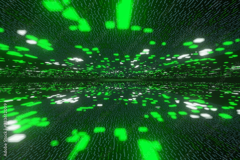 Poster green futuristic stream data communication flying into digital technologic 3d rendering