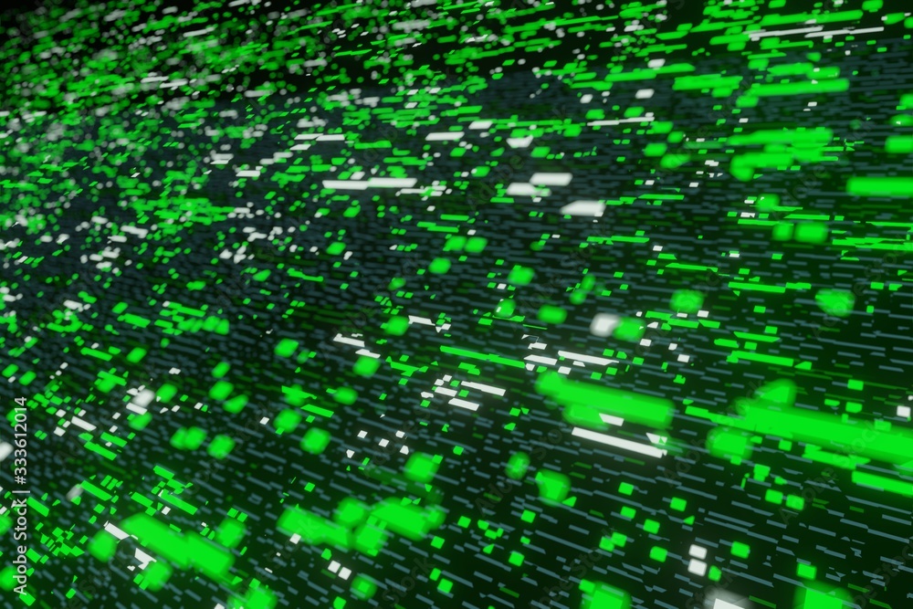 Poster green futuristic stream data communication flying into digital technologic 3d rendering