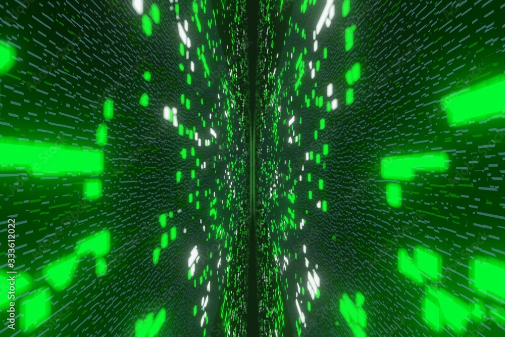 Poster green futuristic stream data communication flying into digital technologic 3d rendering