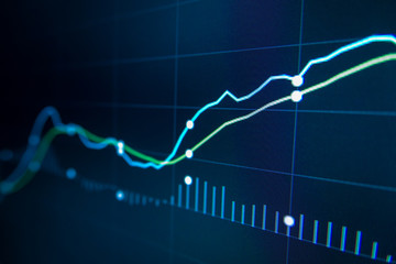 Blue Stock Exchange Market trading graph on screen monitor for economic and financial investment. Business analysis chart display. Stock invest infomation.