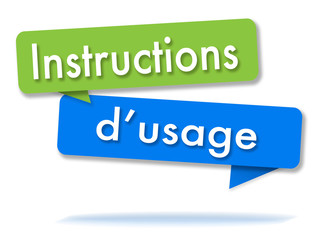 Usage instructions in colored speech bubbles and french language