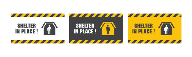 Set of Vector Shelter in Place or Stay at Home or Self Quarantine Various Background Sign with Caution Tape. To Control Coronavirus or Covid 19 Spreading Infection by Government Policy. 16:9 Ratio.